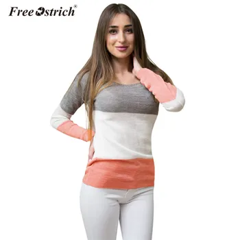 

Free Ostrich High Quality Sweater Women Casual Patchwork Sweet Long Sleeve Striped O-Neck Knitted Pullovers Jumpers Female
