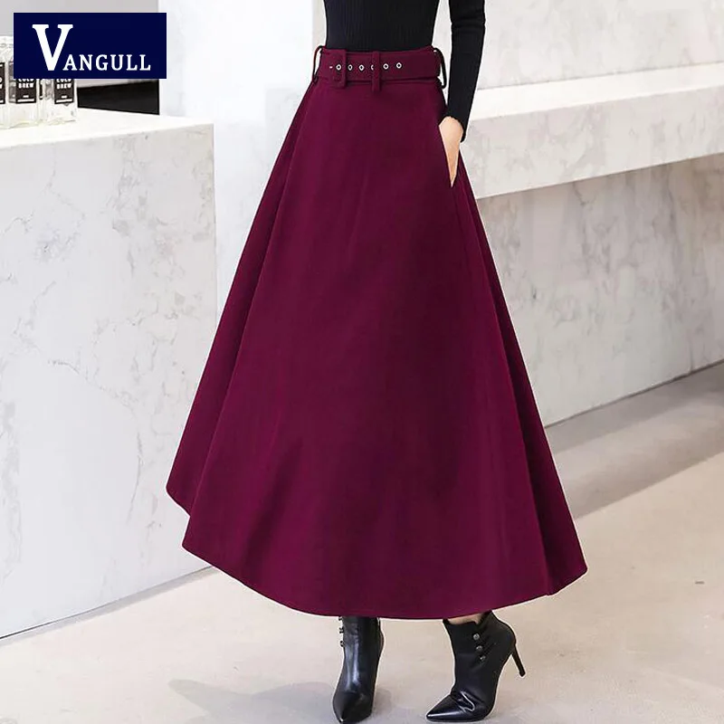 Vangull/зимние женские шерстяные юбки с ремнем, новая модная винтажная шерстяная юбка, женская уличная повседневная юбка