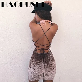 Fashion Women Sexy Deep V Neck Women Velvet Dress Slim Sleevelss Backless Bandage Bodycon Vestidos Club Party Mini dress