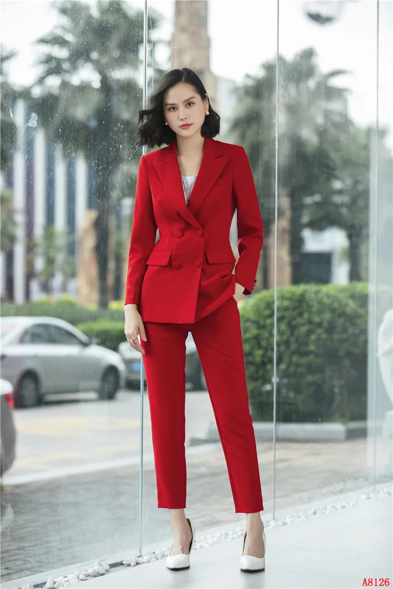 Модные красные форменные дизайнерские брючные костюмы с пиджаком и штанами для офиса, женские блейзеры, брючные костюмы, женские брючные комплекты - Цвет: Red