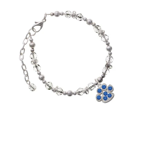 Silvertone Large Paw with Blue Crystals Clear Beaded Bracelet