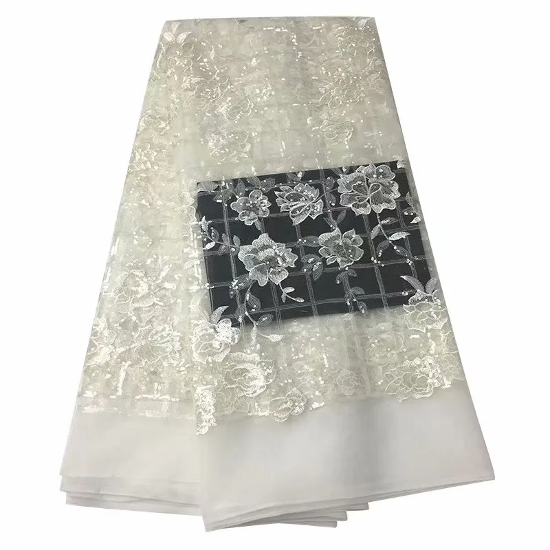 

Fashion Gleamy African Organza Lace Fabric White Sequins French Lace Fabric High Quality Nigerian Embroidery Tulle Lace Fabric