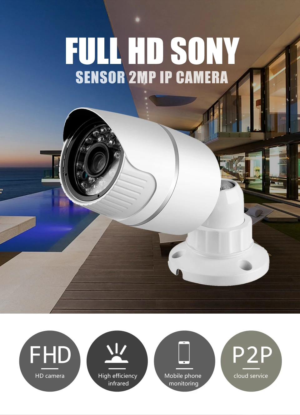 

1080P Outdoor Security Camera 2MP Metal Bullet CCTV Camera IP HI3516C+SONY IMX322 25fps ONVIF Camera IP ONVIF