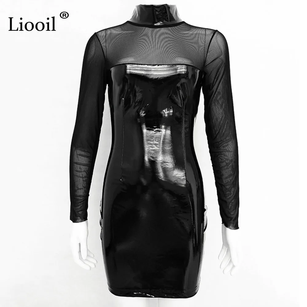 Liooil/вечерние сетчатые платья с длинным рукавом из искусственной кожи в стиле пэчворк с высоким воротником, обтягивающие соблазнительные платья для женщин, клубная одежда