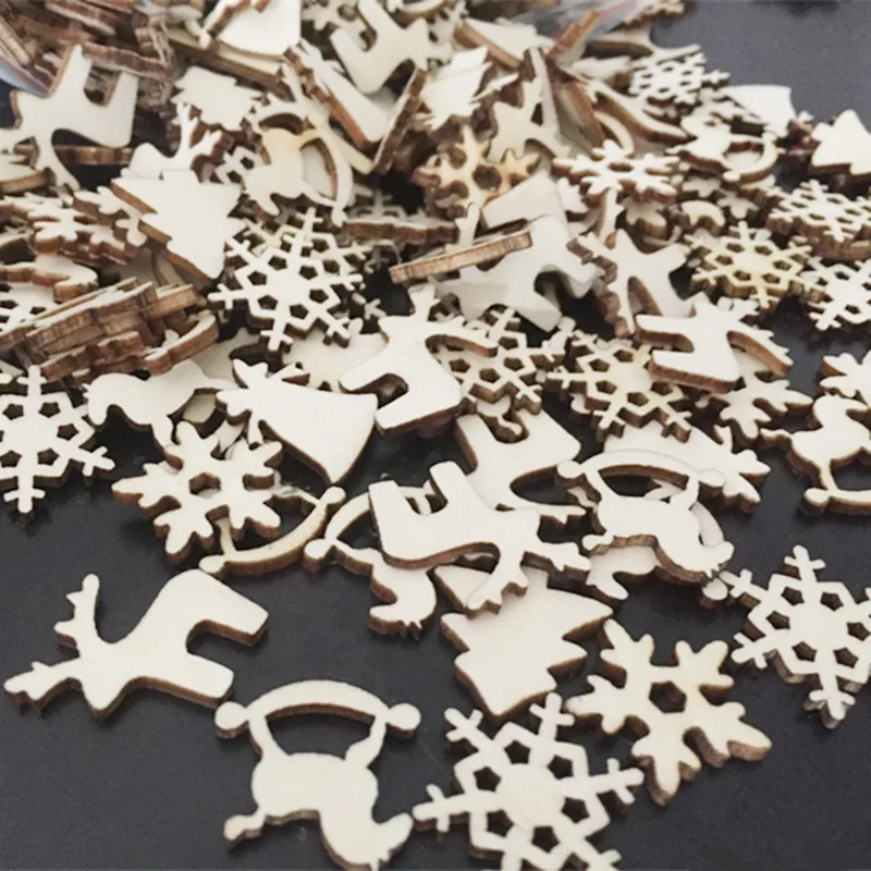 

100Pcs Natural Wooden DIY Christmas Tree Hanging Ornaments Pendant Gifts Tree Snow Flakes Star Shape Xmas Ornaments Decor