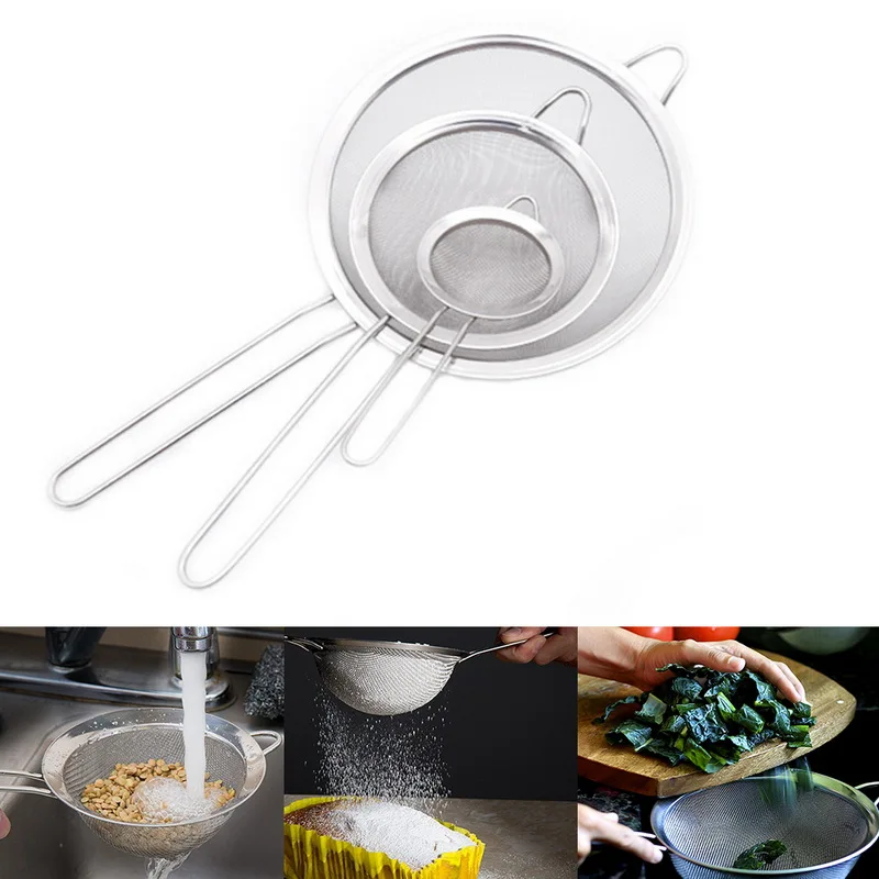 

Hoomall 3pcs Stainless Steel Wire Fine Mesh Oil Strainer Flour Colander Sieve Sifter Pastry Baking Tools Kitchen Accessories