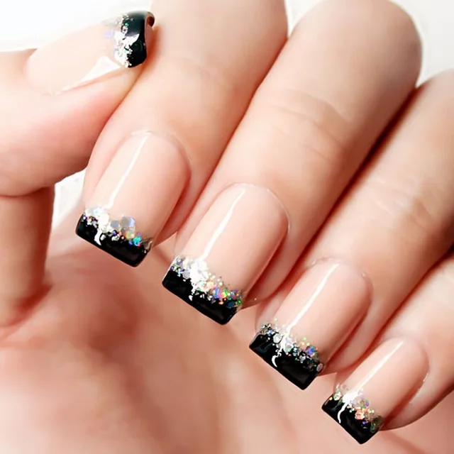 24pcs Gorgeous Black French Nail Art Tip With Glitter Sequins Resin 24pcs Gorgeous Black French Nail Art Tip With Glitter Sequins Resin False Fake