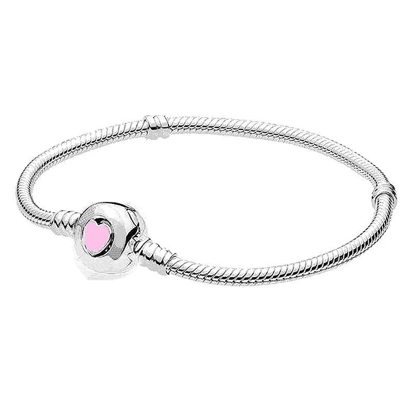 

New 925 Sterling Silver Bracelet Pink Wonderful Love Heart Clasp Snake Chain Bracelet Fit Women Bead Charm DIY DIY Jewelery