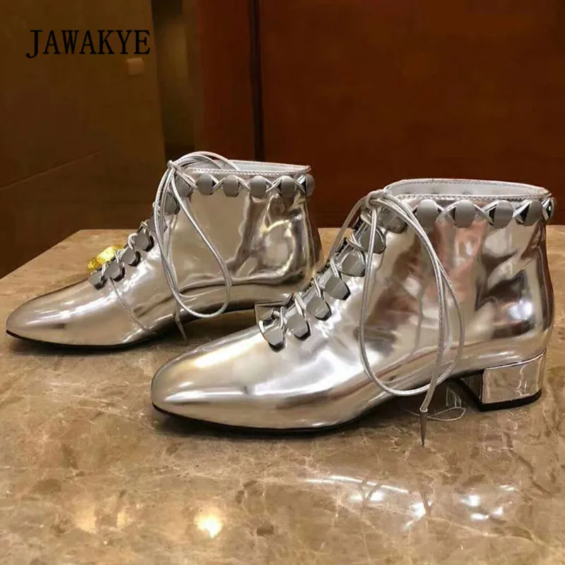 

2018 Silver Mirror Leather Studded Ankle Boots Round Toe Rivet Sexy V Hollow Cross Strap Fashion Martin Boots Women