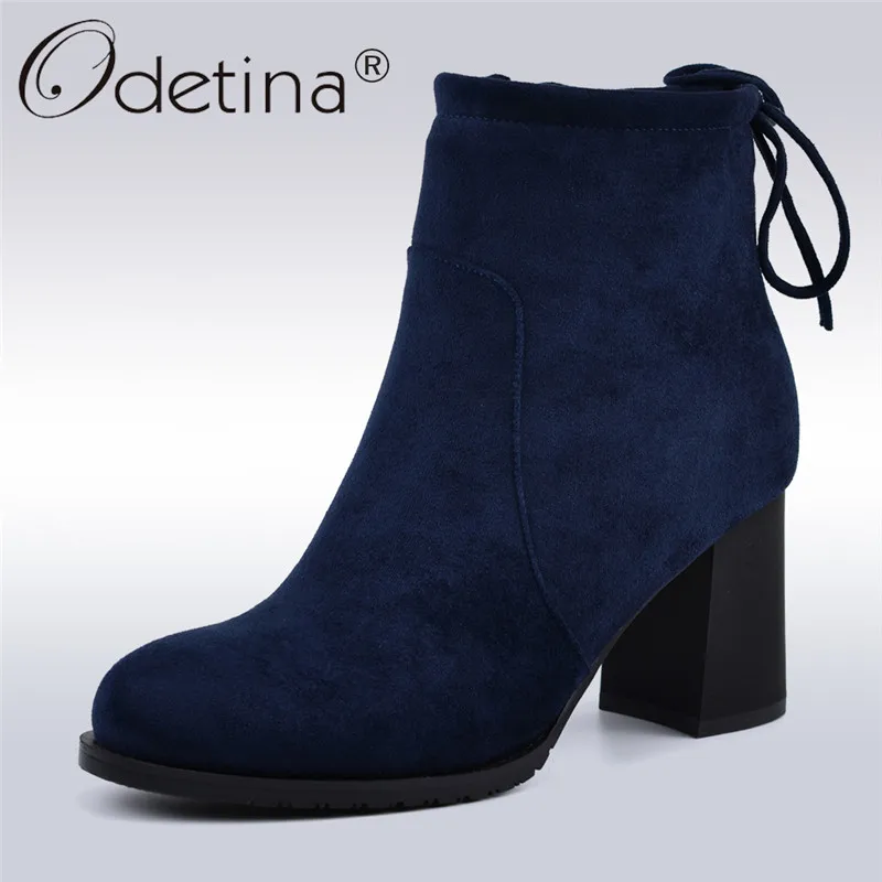 

Odetina New Fashion Flock Leather Women Boots Hoof High Heels Side Zipper Back Lace Up Female Concise Ankle Boots Antumn Winter