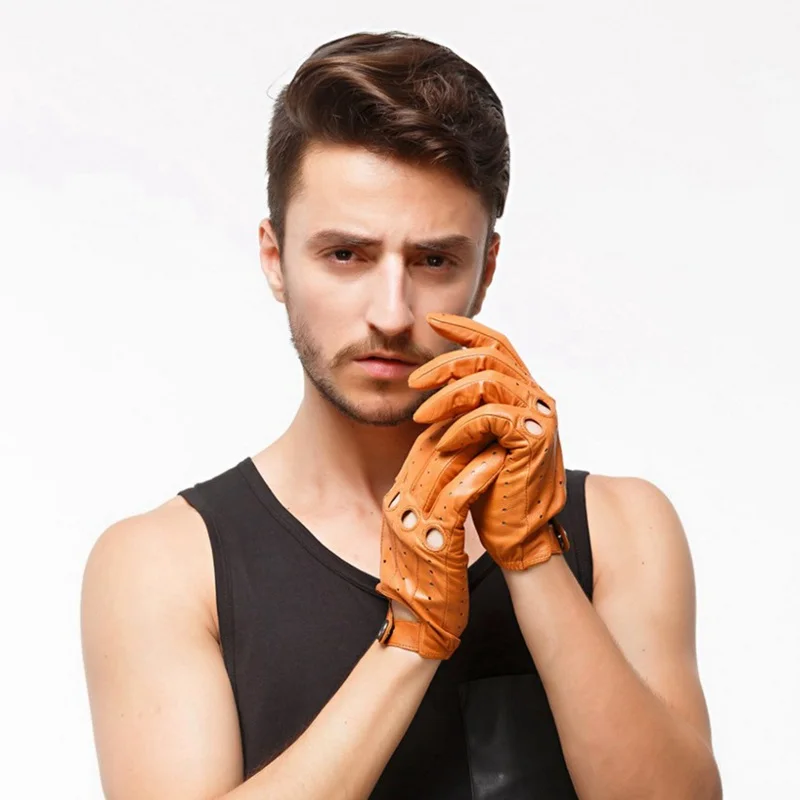New Mens Leather Gloves Mittens Hole Button Breathable Goat Genuine