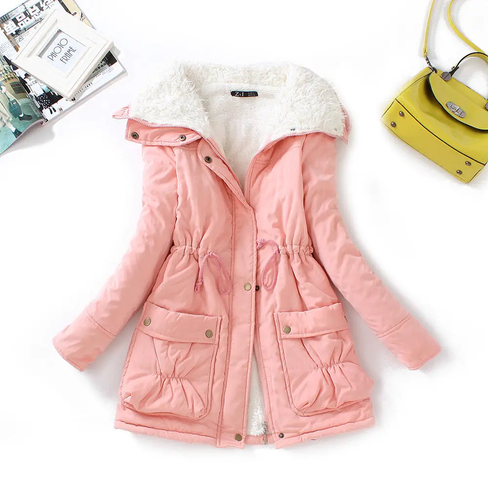 FTLZZ, новинка, Осень-зима, женские хлопковые пальто, средней длины, стеганая тонкая куртка, теплые парки, повседневное Стеганое пальто - Цвет: Розовый