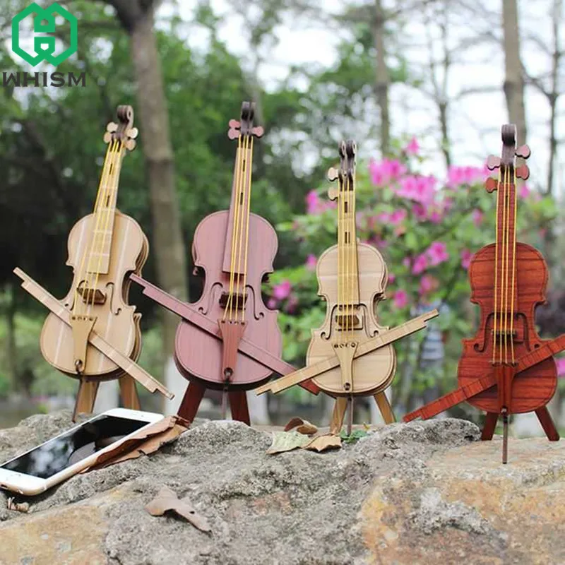 

WHISM DIY Wooden Mini Violin Model Decorative Figurines Miniature Wood Musical Craft Collection Micro Instrument Ornaments Gift