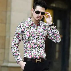 2017 Весна Для мужчин для отдыха модные деловые цветочным узором рубашки с длинным рукавом Для мужчин печати рубашка с длинным рукавом