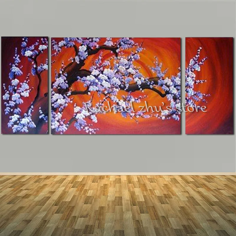 

Hand Painted Abstract Blue Flower Tree Oil Painting On Canvas Three Pieces Landscape Flower Wall Pictures Living Room Home Decor