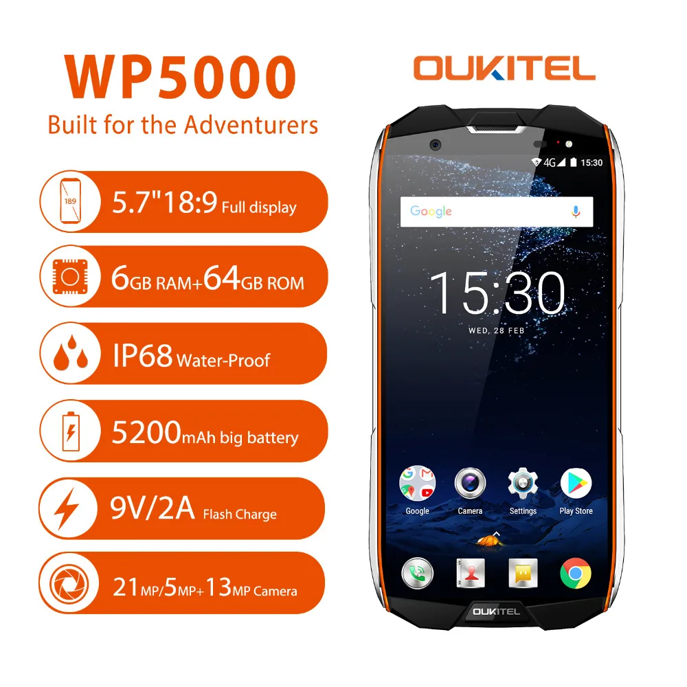 Oukitel WP5000 18:9 полный дисплей 5,7 ''мобильный телефон 6 ГБ ОЗУ 64 Гб ПЗУ IP68 Водонепроницаемый Восьмиядерный Android 7,1 5200 мАч 4G смартфон