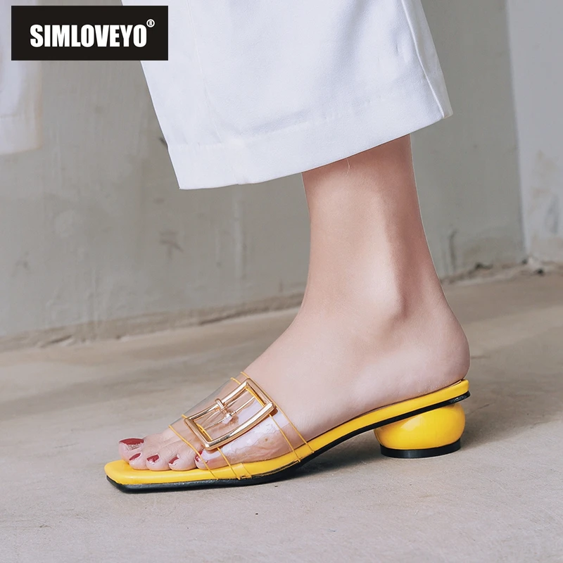 

SIMLOVEYO Women's slides Summer shoes Buckle Slip on Pig leather High quality Transparent Spherical heel White Pink Yellow B1195