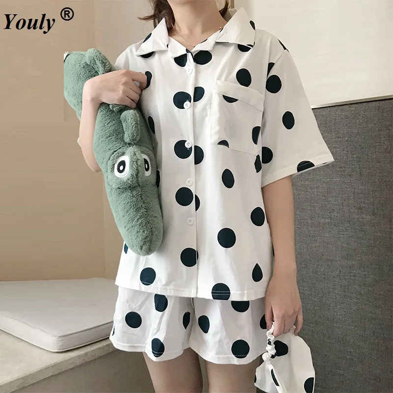 Polka Dot Cotton Pijamas Women Set Summer Sleepwear Casual Loose PyjamasHomewear Set Hot Shorts And Top Turn-down Collar women pajamas set summer comfort gauze cotton turn down collar sleepwear set ladies thin loose cartoon solid color shorts pajama