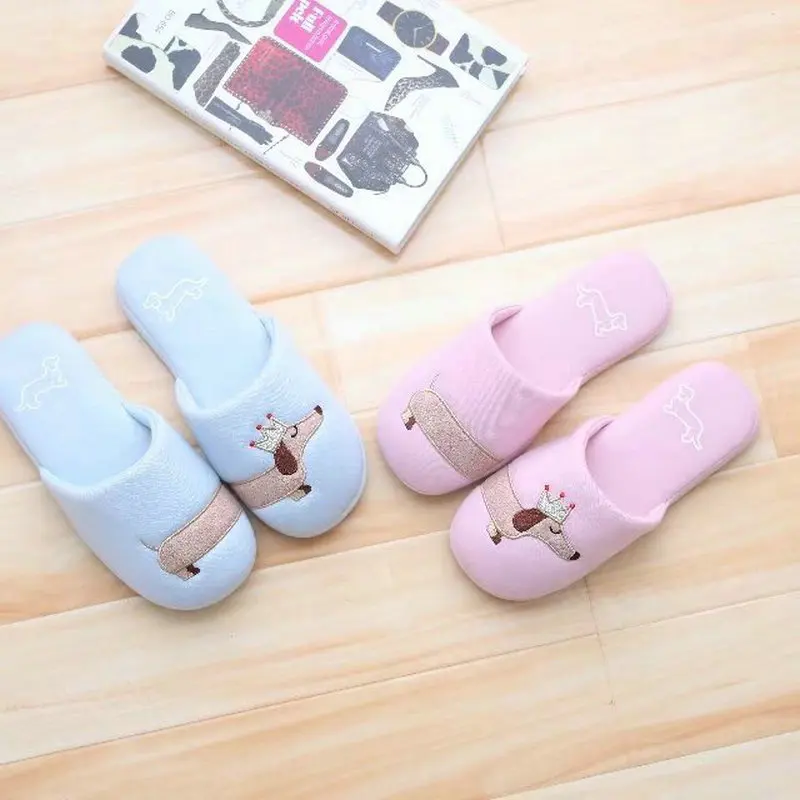 Women's Fuzzy Pink And Light Blue Dog Plush Cotton Slippers Slip On Dachshund Female Slippers