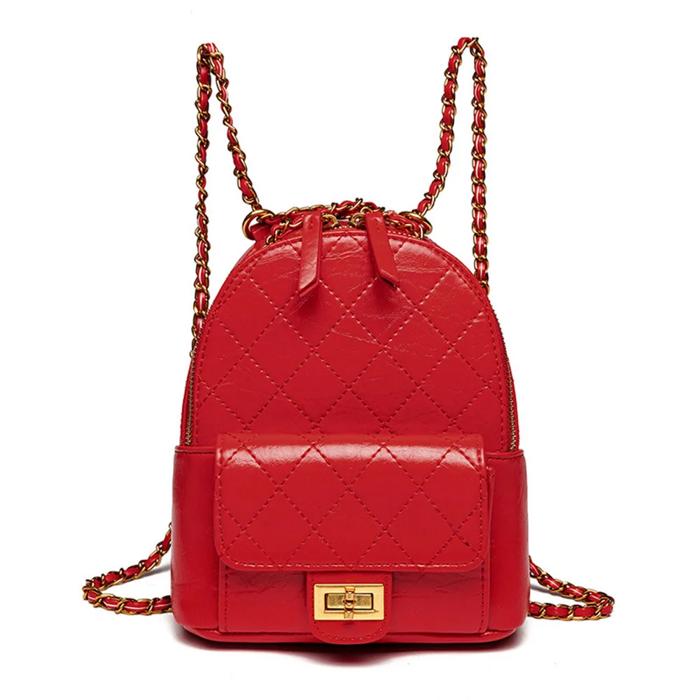 Женские маленькие кожаные рюкзаки с ромбовидным принтом для девочек, модная женская сумка, женская сумка Mochila для подростков, пояс на цепочке, косметический рюкзак для путешествий - Цвет: Red