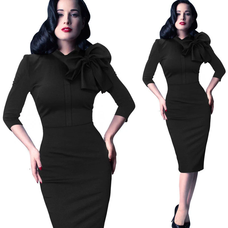 

Plus Size 3XL Women Clothing Elegant Vintage Pinup Bow Casual Work Office Pencil Party Bodycon Sheath Dress 2018 Autumn Winter