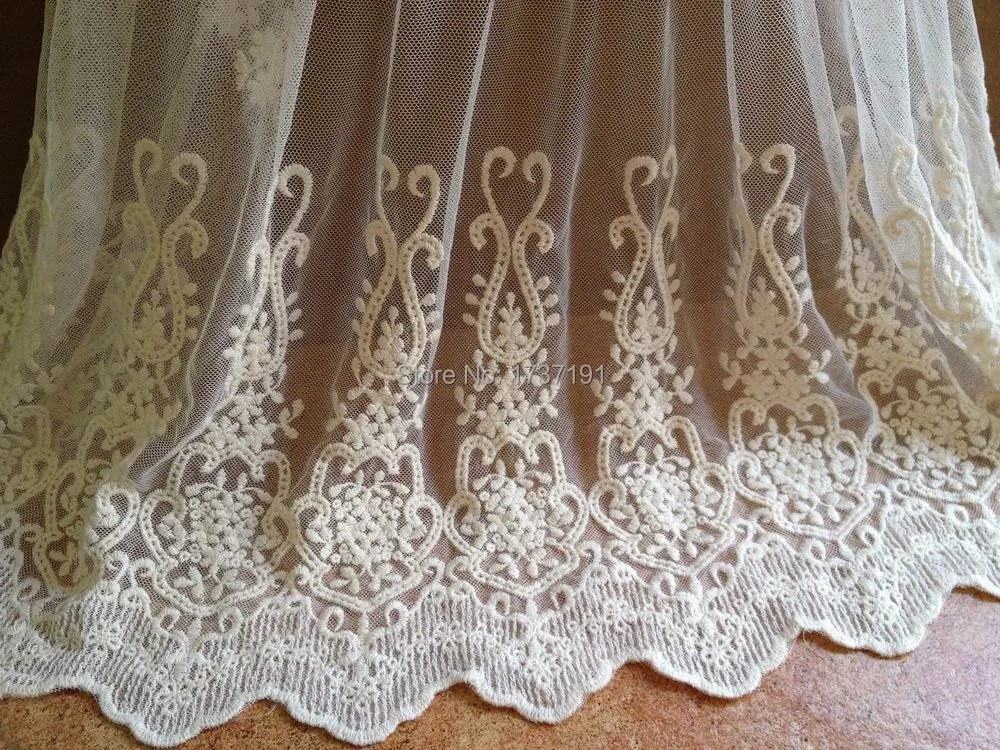 

Lace Fabric - Ivory Cotton Embroidered Fabric Lace Vintage Wedding Bridal Mesh Fabric By The Yard