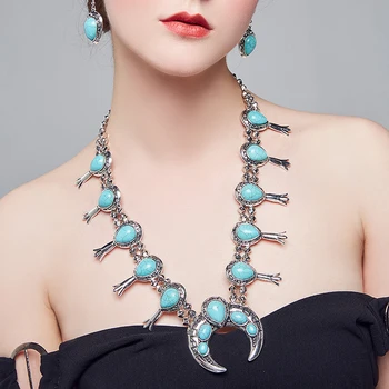 

Bohemia Big Western Chuncky Moon Necklace set jewelry Antique Silver turq nature Necklace jewelry African boho wholesale necklac