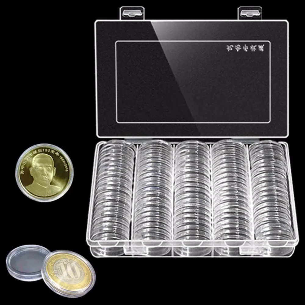

100Pcs/Box Coin Box Clear 30mm Round Boxed Coin Holder Plastic Storage Capsules Display Cases Organizer Collectibles Gifts