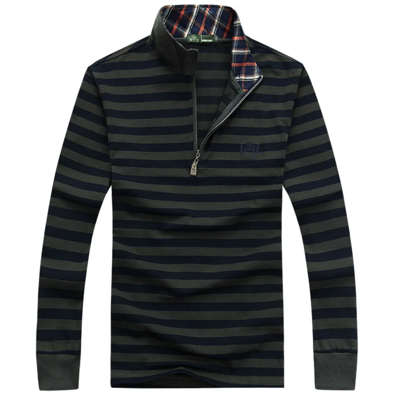Men's long sleeved polo shirt striped cotton pinstripe big yards loose