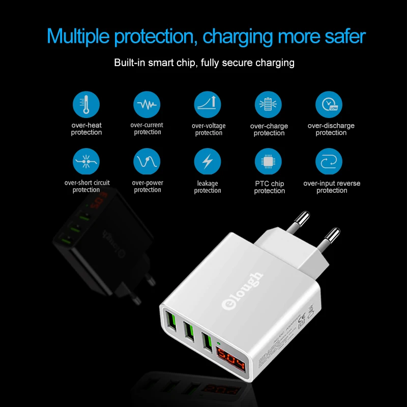 Elough EU USB зарядное устройство для iPhone samsung Xiaomi светодиодный дисплей 5 в 3 А USB порт зарядное устройство для мобильного телефона Зарядка USB адаптер Turbo