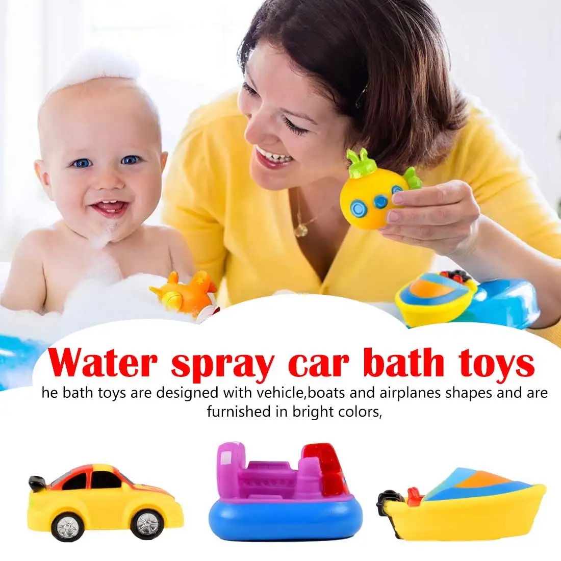 

Baby health and safty bath toys Cute Soft Float Squeeze Sound Spray Water Cars Boats Swimming Pool Baby Toys