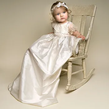 

Cute Infant Lace Long Custom Made Baby Girls Newborn Baptism Rope Christening Dress blessing Gown With Bonnet