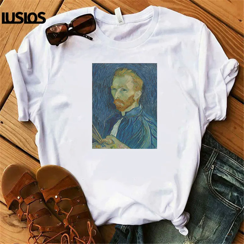 

LUSLOS Van Gogh Self-portrait Print T Shirt Women Summer Short Sleeve White Casual O-neck Tshirt Homme Plus Size Vintage T-shirt
