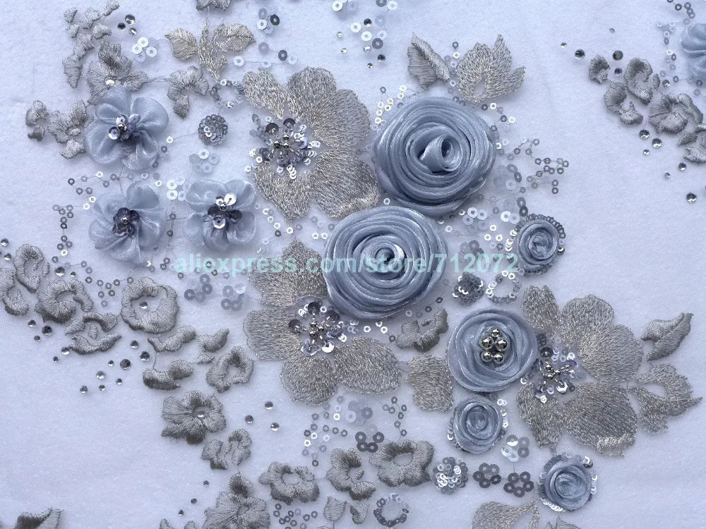 

La Belleza 1 yard On sale Gray 3D rose handmade flower wedding dress/show dress/evening dress lace fabric 51'' width by the yard