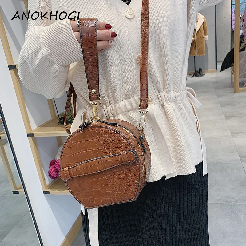 

Vintage Brown Alligator PU Leather Handbags for Women Circle Round Korean Style Shoulder Bags Handles Female Crossbody Bag B200