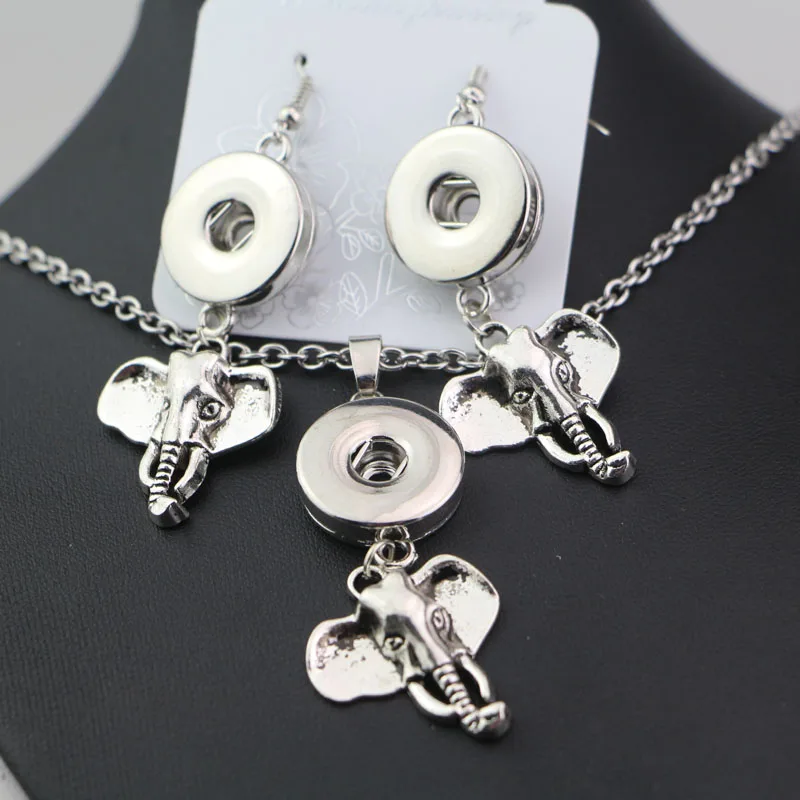 

50cm Link Chain Vintage Elephant Head Metal 18mm Snap Buttons Pendant Necklace Earring Jewelry Set Diy Snap Jewelry For Women