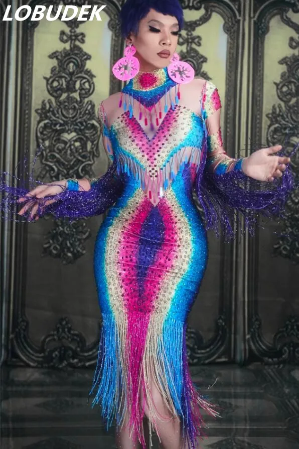 

Lady Colorful Tassel Crystal Long Dress Big Stretch Long Sleeve Skinny Dresses Birthday Prom Celebration Dress Nightclub Costume