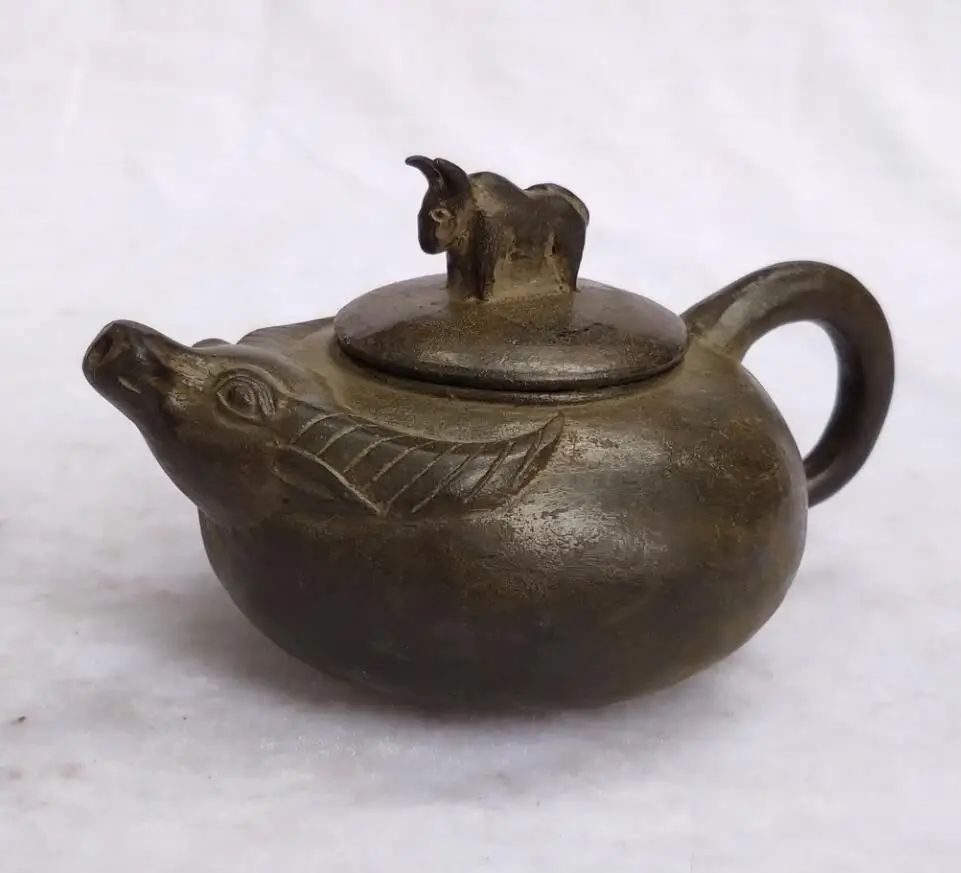 

Chinese Antique Teapot collection old bronze carved Cow/OX Tea pot home art decoration Metal pot
