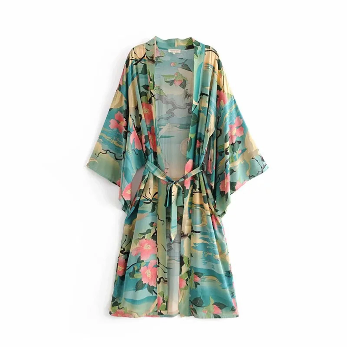 Jastie Green Floral Print Bird Women Jacket Cardigan Kimono Sleeve Loose Maxi Kimono Shirt 2018 Spring Summer Long Jackets Top