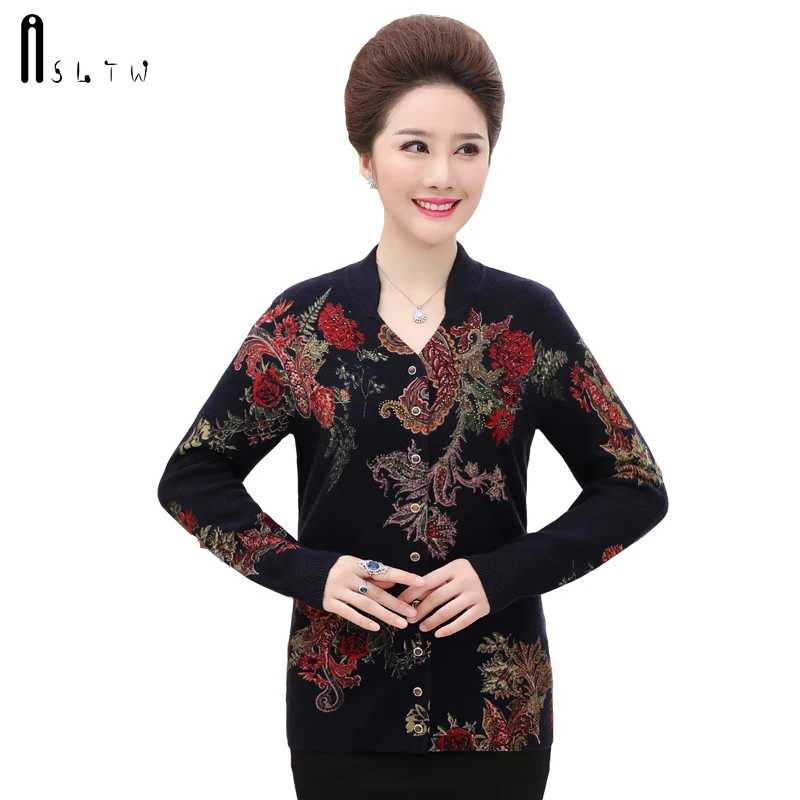 ^Cheap ASLTW High End Cashmere Cardigan Women New Autumn Stand Collar Print Sweater Casual Long Sleeve Sweater Women