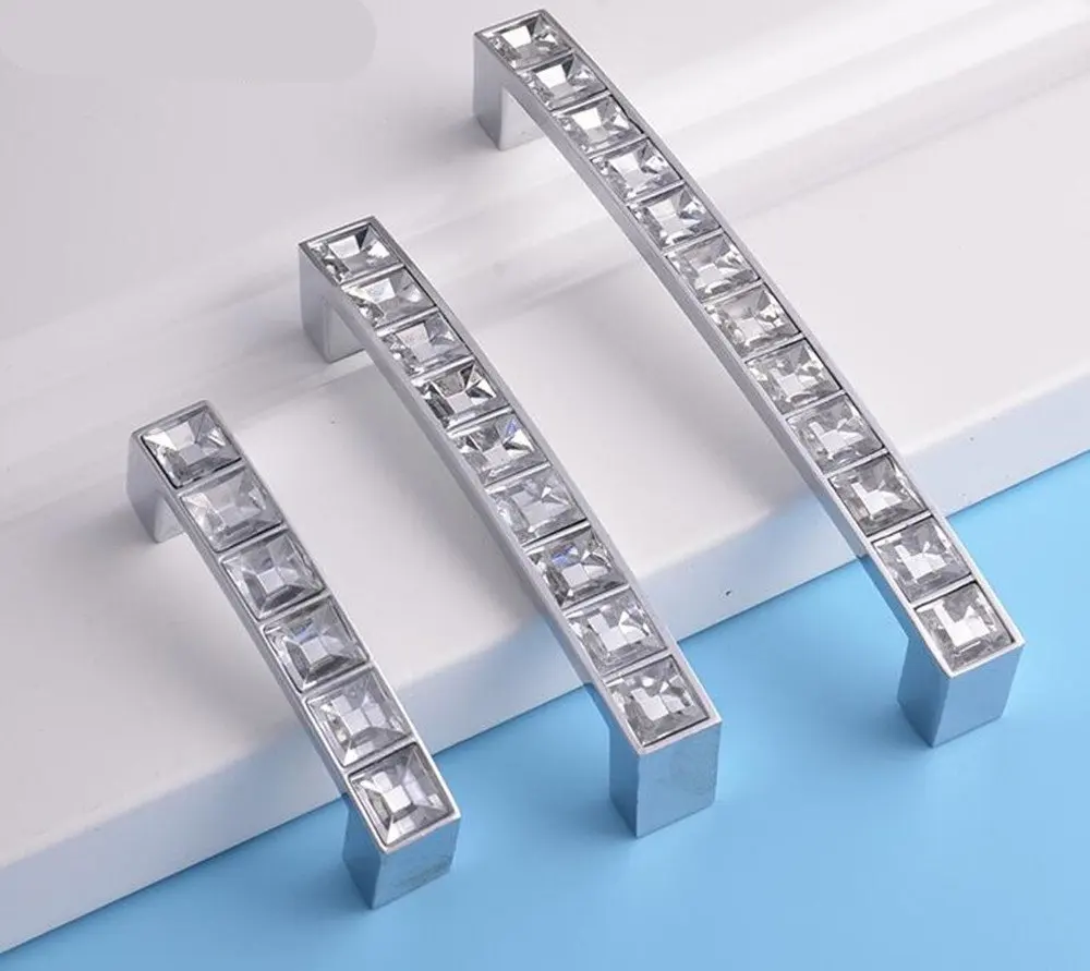 

5PCS Modern Style Square Clear Crystal Furniture Door Wardrobe Cupboard Cabinet Drawer Pull Handle Kitchen Knobs 64mm 96mm 128mm
