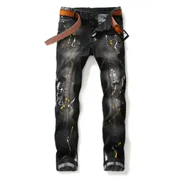 Mcikkny Новая мода Для мужчин; рваные окрашенные облегающие джинсовые брюки Fit Лоскутная уличные джинсы брюки для мужчин мыть