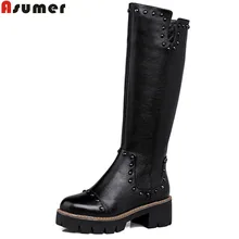 Женские мотоботы из высококачественной искусственной кожи и натуральной кожи; сезон осень-зима; сапоги для верховой езды до колена на квадратном каблуке; женская обувь; большие размеры
