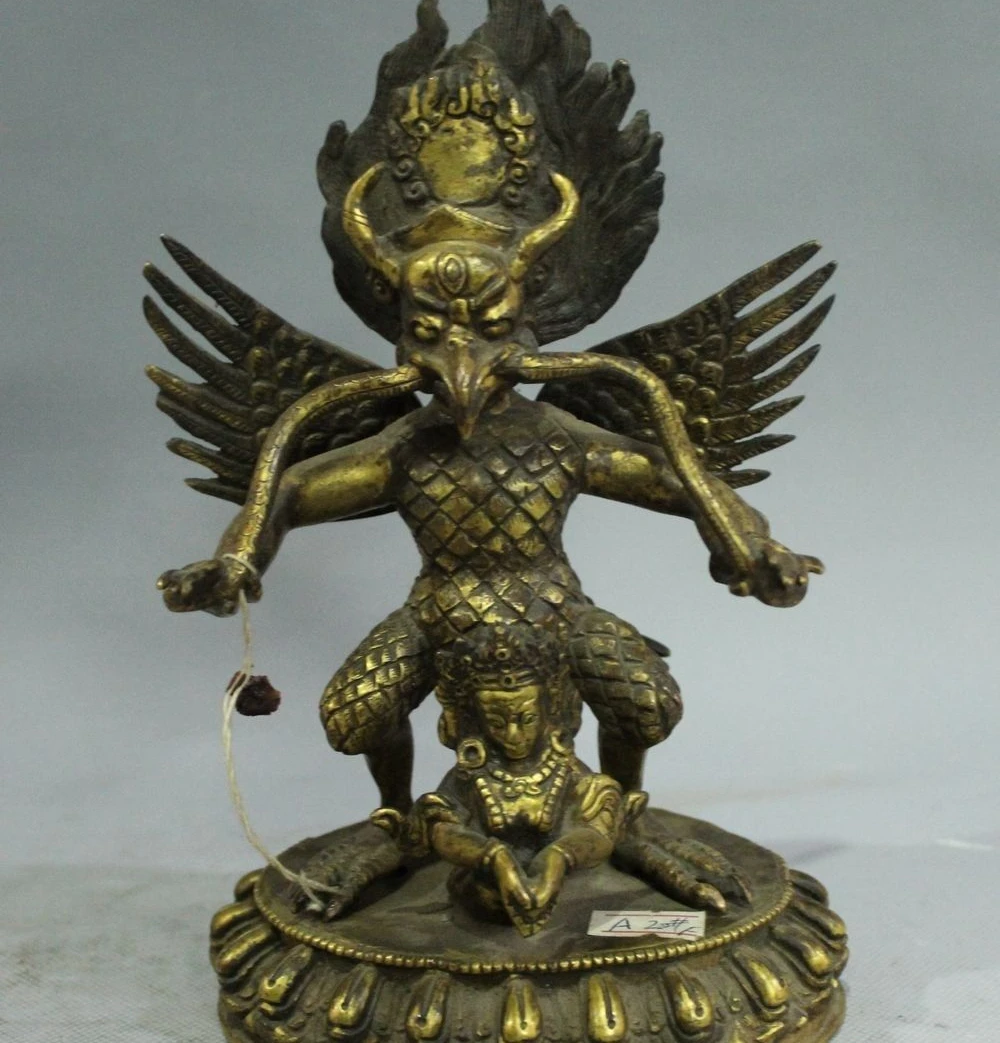 

8" Tibet Old Buddhism Bronze 24K Gold Redpoll Winged Garuda Bird Eagle Buddha