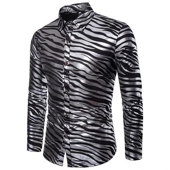 

2019 Brand Men Shirt Shiny Zebra Striped Shirt Causal Slim Fit Long Sleeve Male Dress Shirts Nightclub Party Streetwear Casual