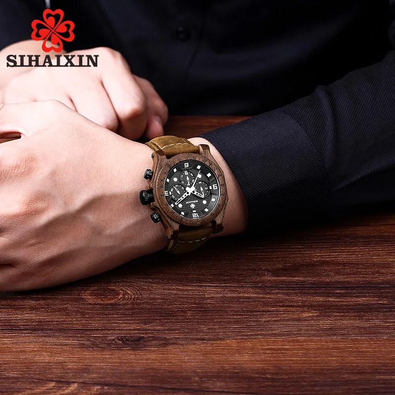 2019 деревянные часы мужские водостойкие кожаные люксовый бренд Дата кварцевые часы relogio masculino спортивные часы Подарочная коробка