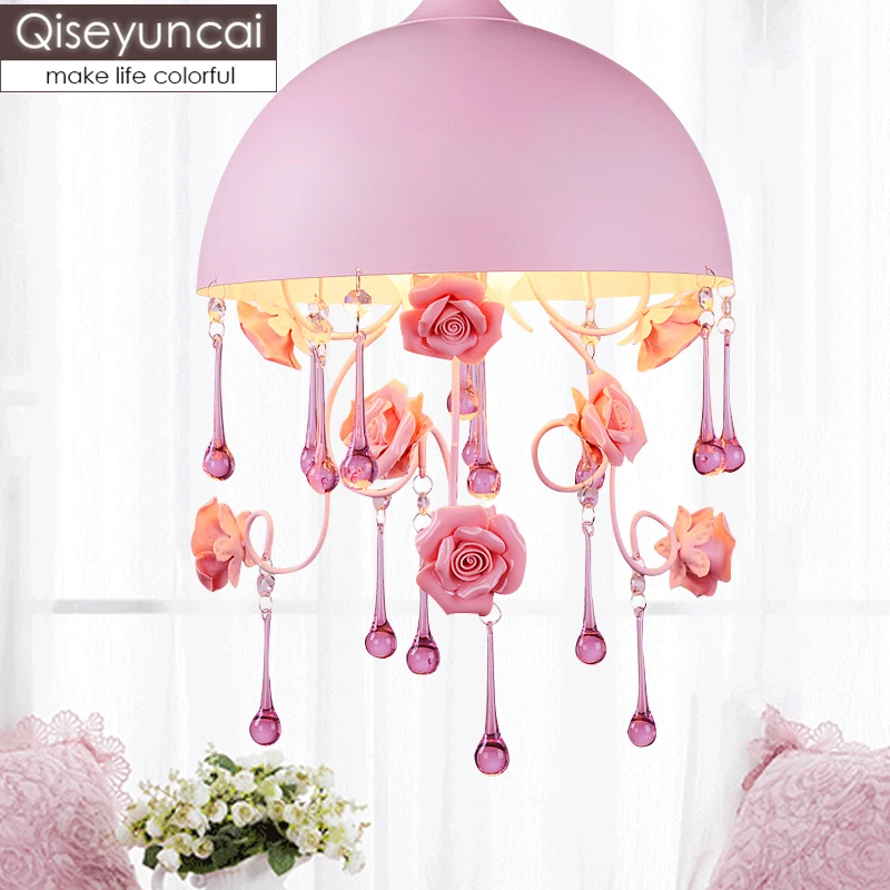 

Qiseyuncai Korean pastoral children's room ceramic rose flower crystal small chandelier round single head girl bedroom lamp
