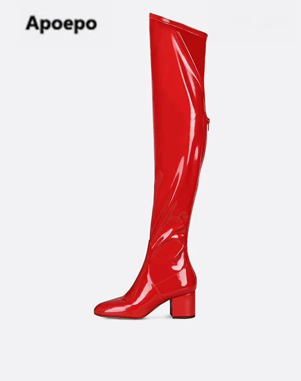 

Sales winter women boots black suede red Patent leather over the knee boots med heels shoes women Elastic long boots plus size