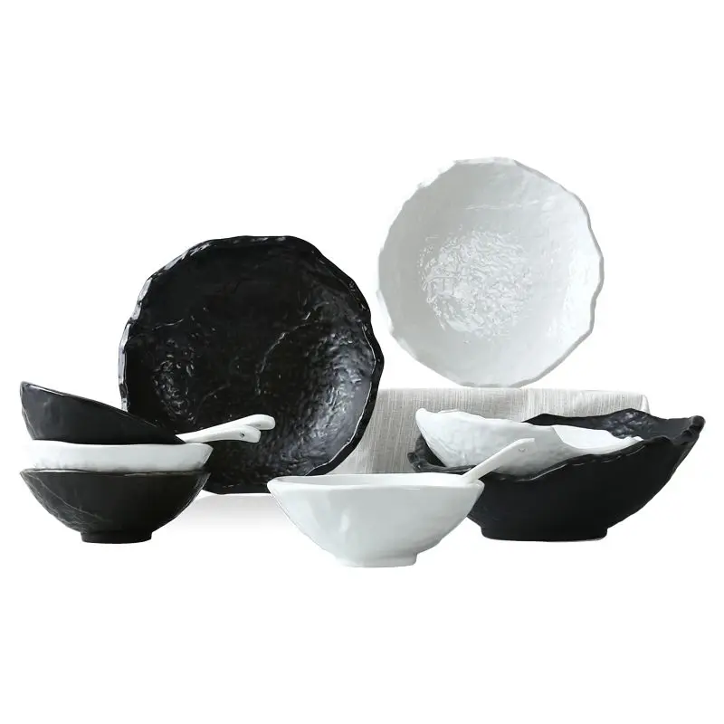 

12 dishes and plates set black white stone texture Creative pratos Ceramic Tableware hotel Table plato decoration gift box pack