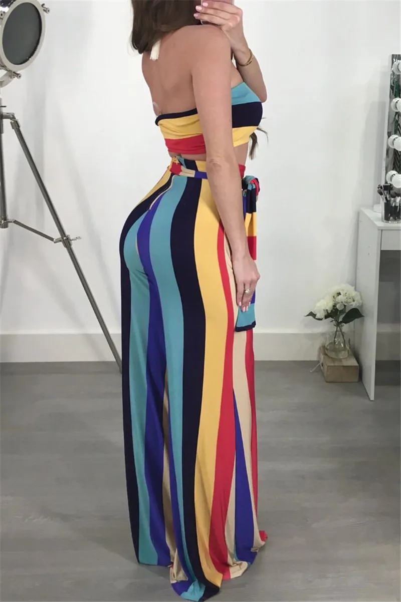 Clubwear طباعة مخطط اثنين من قطعة مجموعة النساء 2018 الأزياء ملابس مكشوفة الكتف و بنطال ذو قصة أرجل واسعة دعوى Conjunto Feminino حزب حللا Clubwear طباعة مخطط اثنين من قطعة مجموعة النساء 2018 الأزياء ملابس مكشوفة الكتف و بنطال ذو قصة أرجل واسعة دعوى Conjunto Feminino حزب حللا